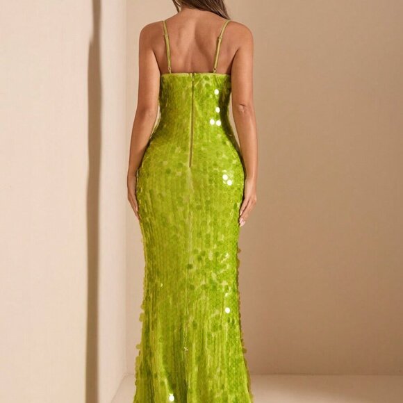 Green Party Women's Deep V-Neck Hollow Lace-Up Slim Fit Luxury Sequin Dress - Picture 2 of 7